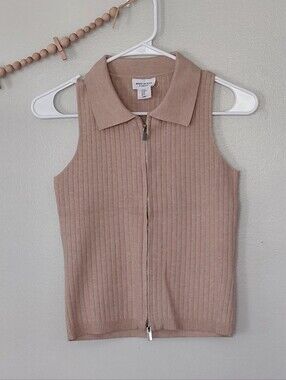 Song Of Style Viscose Ribbed Cream Double Zipper Collared Sleevless Tank Top M